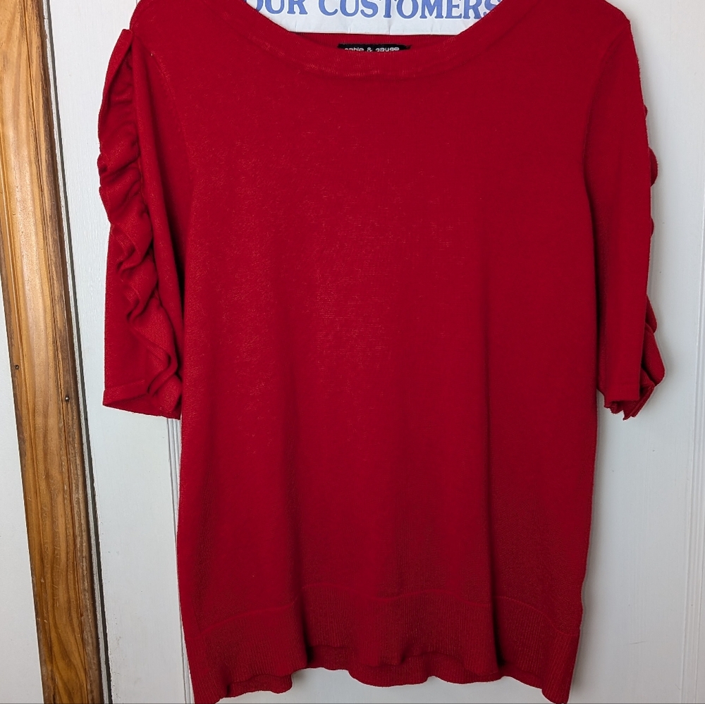 Cable & Gauge Red Ruffled 3/4 Sleeve Blouse